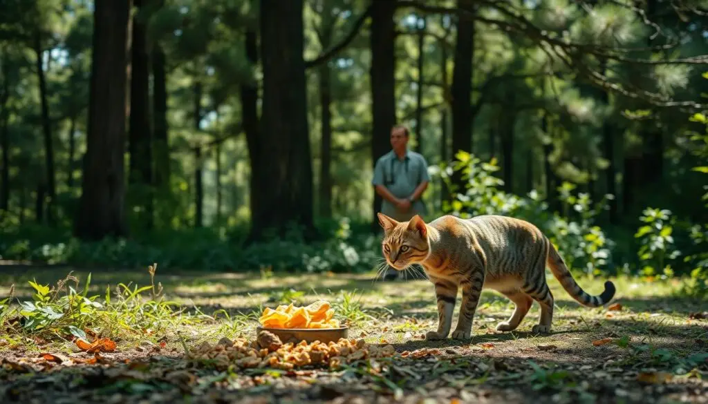 A serene forest glade, sun-dappled and verdant, sets the stage for a delicate encounter. In the foreground, a wild cat - sleek and cautious, its golden eyes watchful - approaches a carefully placed array of savory morsels, lured by the scent. Surrounding the cat, subtle motion-activated triggers await, primed to slowly acclimate the feline to human presence, building trust through repeated positive associations. In the middle ground, a professional wildlife rehabilitator observes discreetly, ready to offer gentle guidance, tracking the cat's progress with a keen eye. The background frames this scene with towering trees, their branches swaying softly in a warm breeze, creating an atmosphere of tranquility and respect for the animal's natural rhythms.