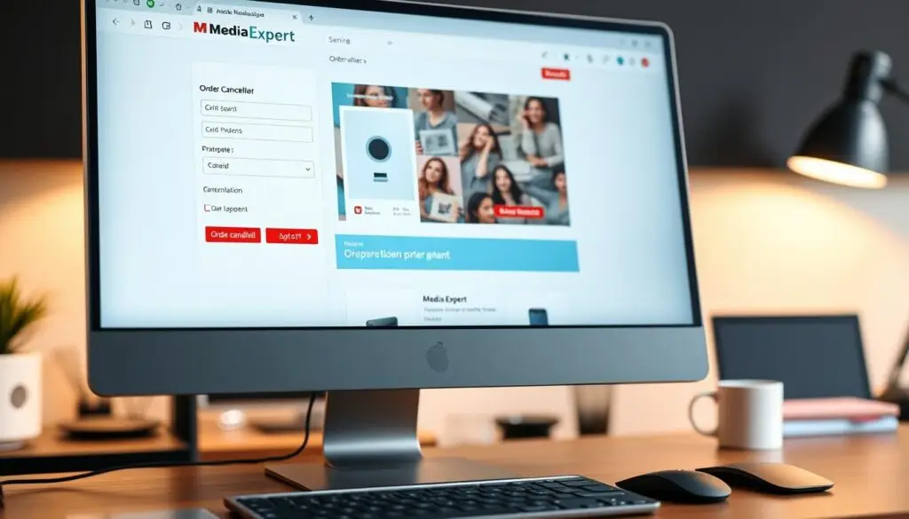 A sleek desktop computer screen displaying the Media Expert online order cancellation interface. The foreground features a clean, minimalist user interface with input fields, buttons, and toggles for navigating the order cancellation process. The middle ground showcases a product image and order details, while the background gently fades into a soft, blurred office environment with desk accessories and subtle lighting. The overall scene conveys a sense of efficiency, professionalism, and ease of use, reflecting the "Anulowanie zamówienia online" section of the article.