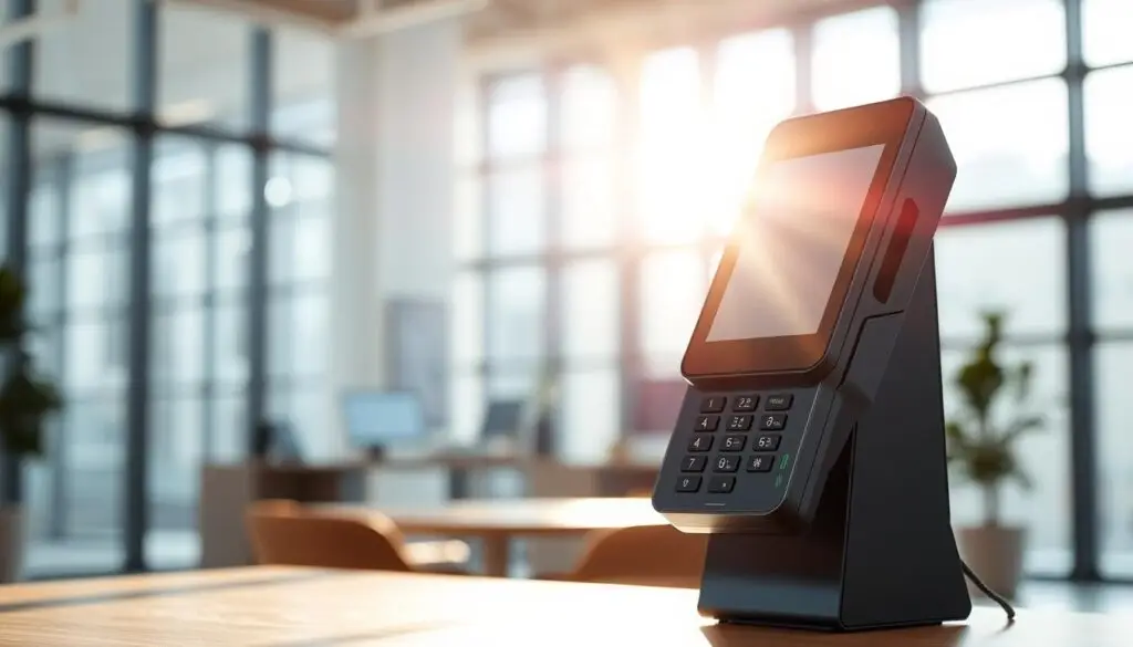 A sleek, modern payment terminal stands at the center of the frame, its surface reflecting the bright, natural lighting streaming in from a large window. The terminal's minimalist design features clean, geometric lines and a touch screen interface, conveying a sense of effortless, elastic payment methods. In the background, a blurred office setting provides a professional, yet inviting atmosphere, with subtle hints of technology and connectivity. The overall composition suggests a seamless, user-friendly experience for financial transactions, capturing the essence of "elastyczne metody płatności" in a visually striking way.