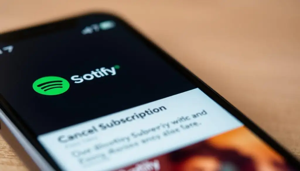 A smartphone screen displaying the Spotify app interface, with a prominent "Cancel Subscription" button prominently featured. The scene is captured in a soft, natural lighting setup, with a slight depth of field effect to draw the viewer's attention to the key elements. The background blurs gently, creating a sense of focus on the task at hand. The interface elements are rendered with crisp details, showcasing the intuitive mobile experience of managing Spotify Premium subscriptions. The overall composition conveys a sense of simplicity and ease of use, reflecting the "Anulowanie subskrypcji na urządzeniach mobilnych" section of the article.