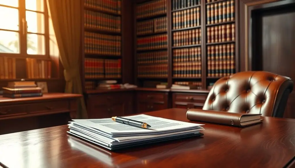 A softly lit, formal office setting with a large wooden desk and a plush leather chair. On the desk, a stack of legal documents and a pen, suggesting the administrative and regulatory aspects of the subject. Behind the desk, a floor-to-ceiling bookshelf filled with legal tomes, creating an atmosphere of authority and professionalism. Warm, directional lighting from a window casts a subtle glow, highlighting the textures of the materials and creating a sense of seriousness and gravitas. The overall composition conveys the idea of legal compliance and parental consent surrounding the Paysafecard product.