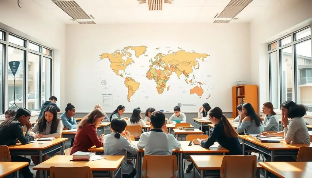 A spacious, well-lit classroom with students of diverse nationalities engaged in collaborative group work. The focal point is a large world map displayed prominently on the wall, highlighting the international scope of the school's curriculum. Sunlight streams through large windows, creating a warm, inviting atmosphere. Desks are arranged in a circular formation, encouraging open discussion and exchange of ideas. The students, dressed in a mix of casual and formal attire, are animatedly discussing their projects, demonstrating a sense of global awareness and cross-cultural understanding. The overall scene conveys a progressive, modern educational setting that foregoes traditional homework in favor of hands-on, project-based learning.