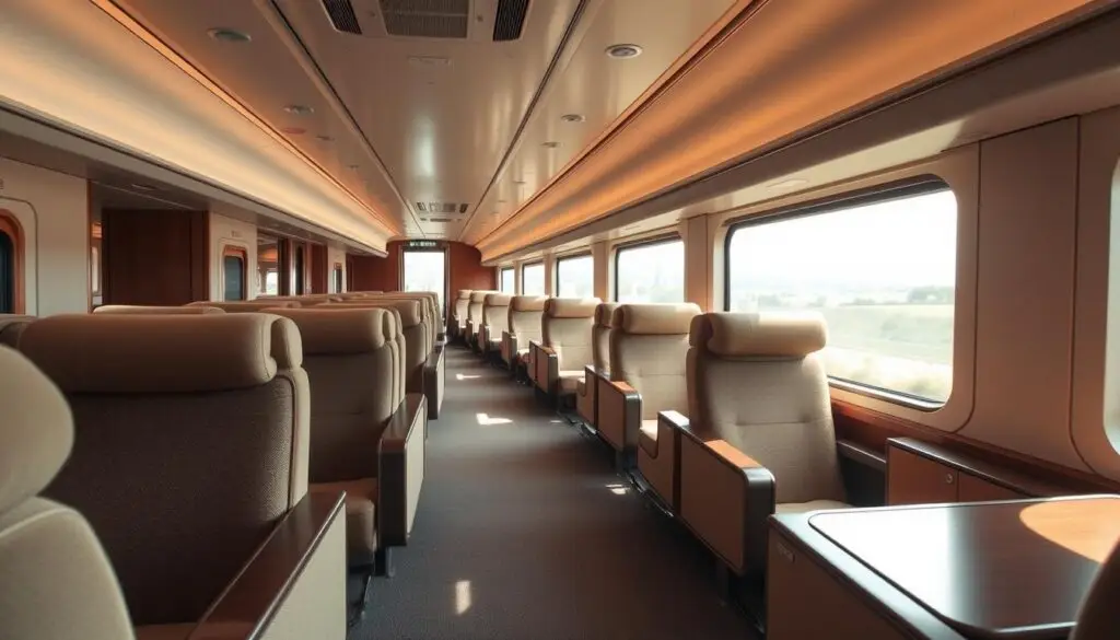 A spacious, well-lit interior of a first-class train carriage. Plush, comfortable seats arranged in an open layout, with ample legroom and generous armrests. Warm, diffused lighting filters in through large windows, revealing the scenic countryside passing by outside. The carriage has a refined, contemporary design, with clean lines, polished surfaces, and muted, earthy tones creating a sense of modern elegance. A serene, tranquil atmosphere pervades the space, inviting passengers to relax and unwind during their journey. The overall impression is one of elevated comfort and understated luxury, reflecting the premium experience of traveling in first-class.