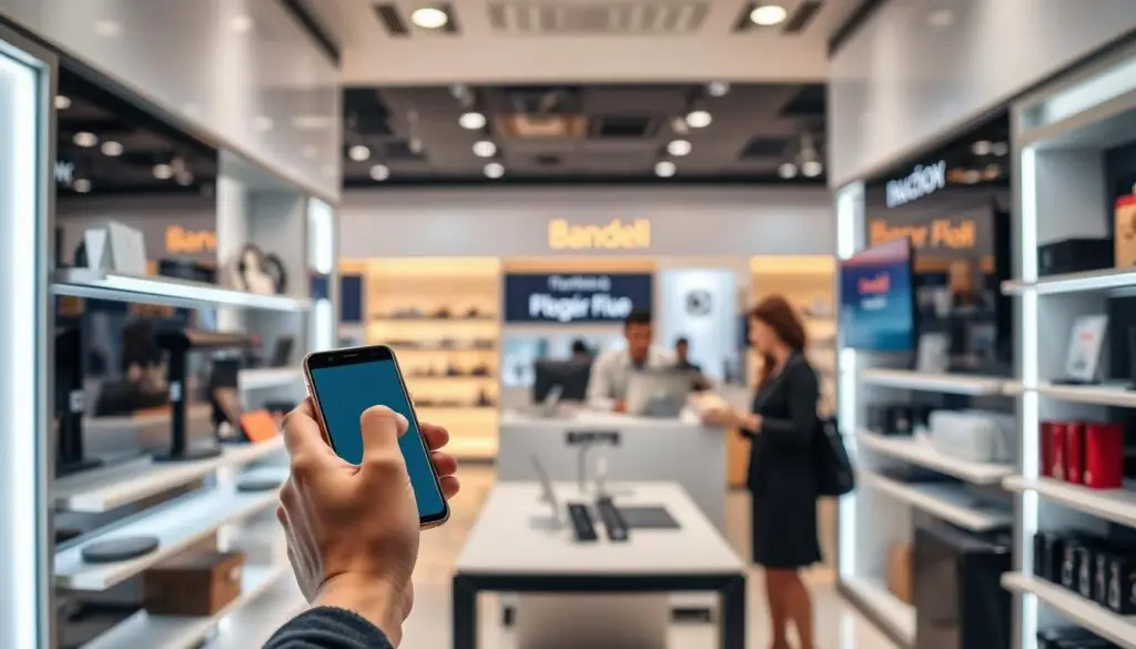 A step-by-step process of order cancellation at a sleek, modern electronics store. In the foreground, a person tapping on a smartphone to initiate the cancellation, framed by clean, minimalist store shelves. The middle ground shows a customer service agent assisting with the process, while the background depicts the store's stylish interior design with warm lighting and subtle branding. The overall atmosphere conveys an efficient, user-friendly experience for the customer.