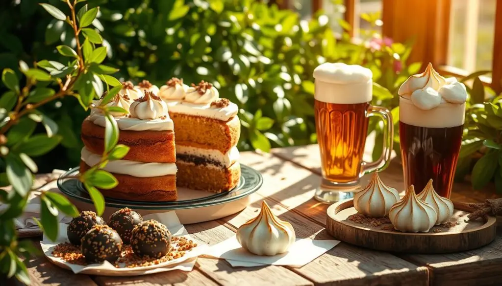 A sun-drenched, rustic table set with an array of beer-inspired dessert elements: a layered cake with stout-infused frosting, chocolate truffles speckled with crushed malt, and a decorative pint glass filled with fluffy, caramelized meringue. The scene is framed by lush, verdant foliage, capturing the essence of nature's bounty harmonizing with the rich, complex flavors of the beer-infused confections. Soft, warm lighting casts a cozy, inviting glow, while the overall composition evokes a sense of artisanal craftsmanship and culinary inspiration.