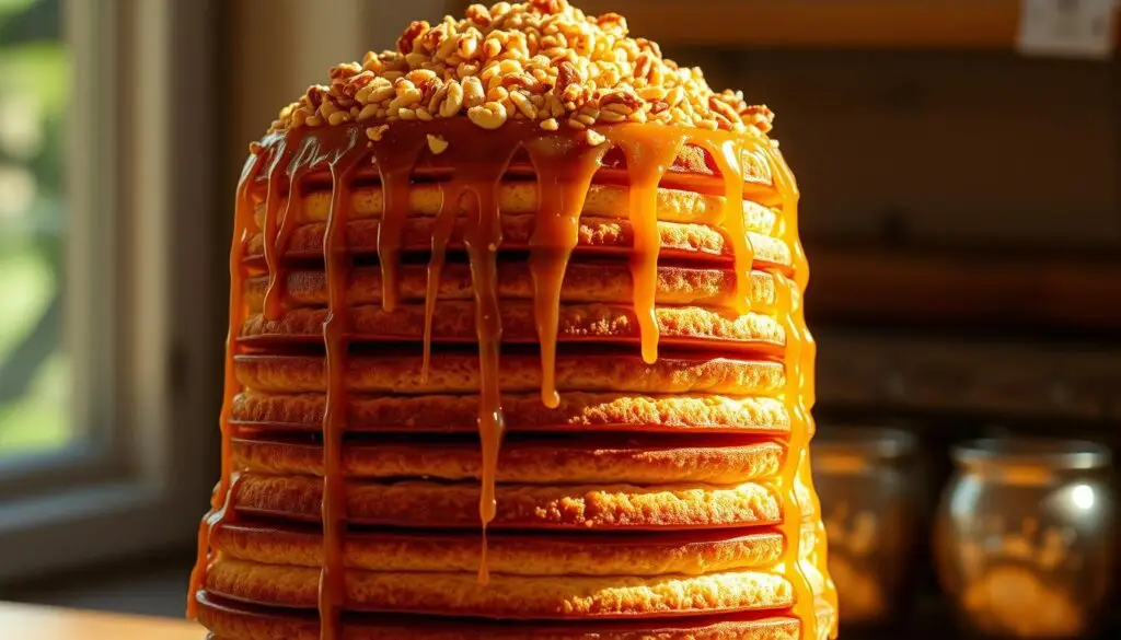 A towering construction of beer-infused sponge cakes, meticulously layered and stacked, creating a striking visual centerpiece. Intricate details emerge, from the golden hues of the caramelized sugar drizzle cascading down the sides, to the shimmering crushed candied nuts adorning the top. Sunlight filters through the scene, casting a warm, inviting glow and highlighting the textural interplay between the soft, airy cake and the crunchy toppings. The overall composition exudes a sense of artistry and craftsmanship, perfectly capturing the essence of the "Proces tworzenia tortu - konstrukcja i warstwy" section of the article.