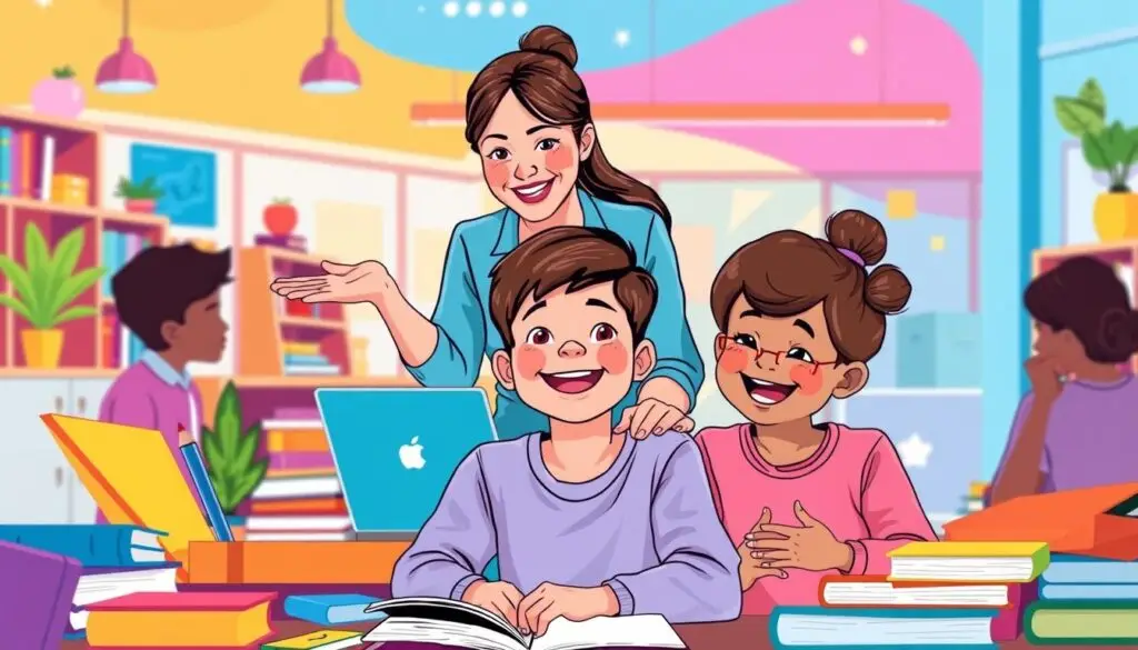 A vibrant and colorful illustration depicting the benefits of an Individualized Educational and Therapeutic Program (IPET) for a student. The foreground shows a happy, engaged student surrounded by various educational tools and resources, such as books, learning aids, and a laptop. The middle ground features a teacher or therapist guiding the student, with encouraging gestures and a supportive demeanor. The background showcases a dynamic, modern learning environment, with bright colors, clean lines, and hints of technology. The overall atmosphere conveys a sense of growth, progress, and the positive impact of the IPET on the student's academic and personal development.