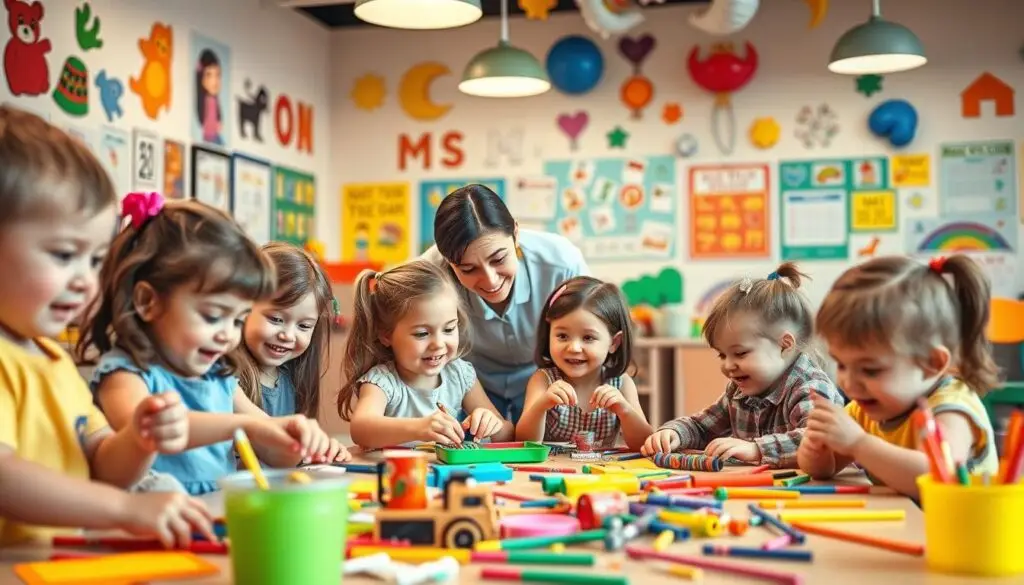 A vibrant classroom filled with creative and engaging activities for young children. In the foreground, a group of smiling preschoolers participate in a colorful arts and crafts project, their hands immersed in a variety of craft supplies. In the middle ground, a gentle teacher guides them, encouraging their imagination and self-expression. The background showcases a dynamic and imaginative learning environment, with playful wall decorations, educational posters, and whimsical furniture pieces. The lighting is warm and inviting, creating a cozy and nurturing atmosphere. The scene conveys a sense of joy, discovery, and the boundless potential of early childhood education.