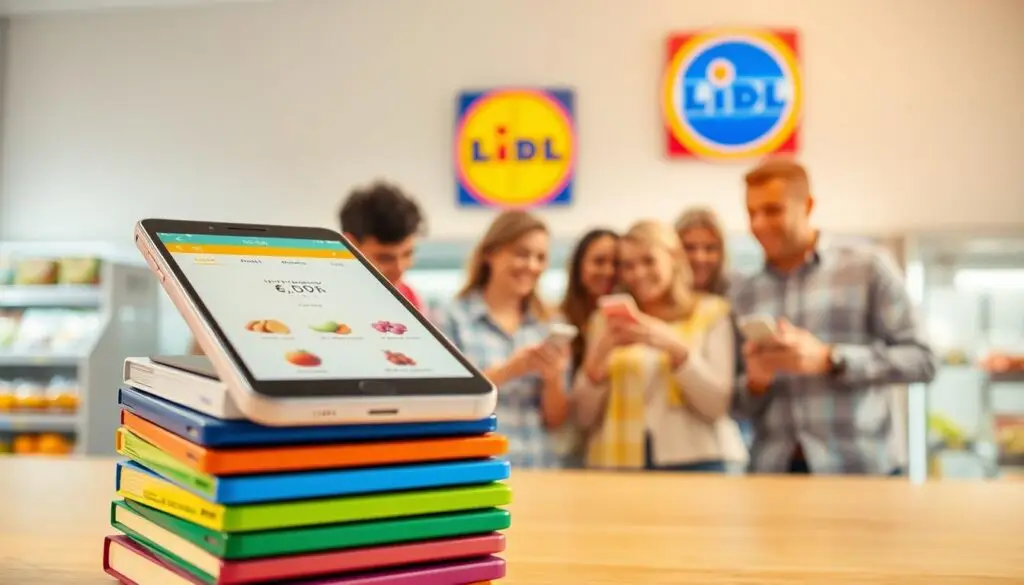 A vibrant, well-lit image showcasing the key benefits of the Lidl Plus app. In the foreground, a stack of colorful mobile devices displays various app features - digital coupons, loyalty points, and personalized offers. The middle ground features a group of cheerful, diverse people interacting with the app, representing the convenience and accessibility of the platform. In the background, the Lidl logo and branding elements create a clean, modern aesthetic, reinforcing the brand identity. The scene is bathed in a warm, inviting lighting, conveying a sense of positivity and enthusiasm for the Lidl Plus experience.