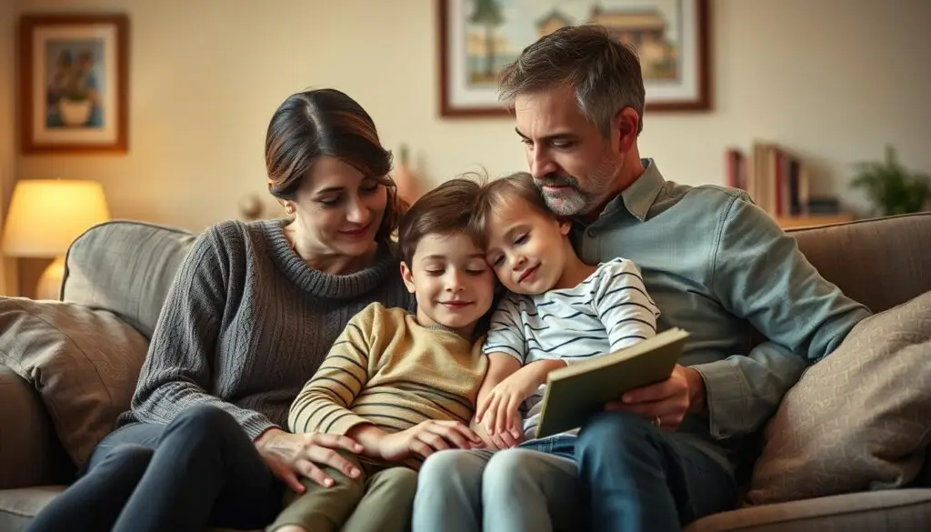 A warm, nurturing family scene depicting a mother and father offering comfort and support to their child who is reluctant to attend school. The parents sit beside the child on a cozy couch, their expressions gentle and understanding. The child leans into the parents, seeking reassurance. Soft, diffused lighting creates an intimate, calming atmosphere. The background is a tastefully decorated living room, conveying a sense of safety and security. Subtle details, such as a favorite toy or book, reinforce the child's emotional state. The overall composition evokes a powerful message of parental guidance and unconditional love during a challenging time.