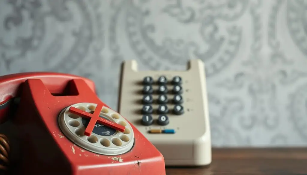 A warning sign against an unavailable phone number, depicted on a retro-style telephone dial pad. The foreground features a faded, vintage-looking red telephone receiver with a diagonal "X" mark overlaid, conveying the message of unavailability. The middle ground showcases a dimly lit, worn-out telephone dial pad in a subdued, muted color palette, hinting at the inability to connect. The background is a blurred, textured wall in shades of gray, creating a sense of emptiness and isolation. The overall mood is one of frustration and disconnection, reflecting the experience of a "Komunikat o niedostępności numeru" (Unavailable Number Notification).