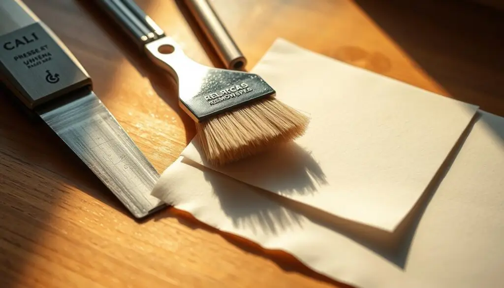 A well-lit close-up of mechanical tools for removing ink from paper, including a metal scraper, a soft bristle brush, and a blotting paper. The tools are arranged neatly on a wooden surface, casting soft shadows. The lighting is warm and diffused, creating a professional, technical atmosphere. The tools are detailed and precisely focused, conveying the meticulous nature of the ink removal process. The background is slightly blurred, keeping the focus on the central tools. A well-lit close-up of mechanical tools for removing ink from paper, including a metal scraper, a soft bristle brush, and a blotting paper. The tools are arranged neatly on a wooden surface, casting soft shadows. The lighting is warm and diffused, creating a professional, technical atmosphere. The tools are detailed and precisely focused, conveying the meticulous nature of the ink removal process. The background is slightly blurred, keeping the focus on the central tools.