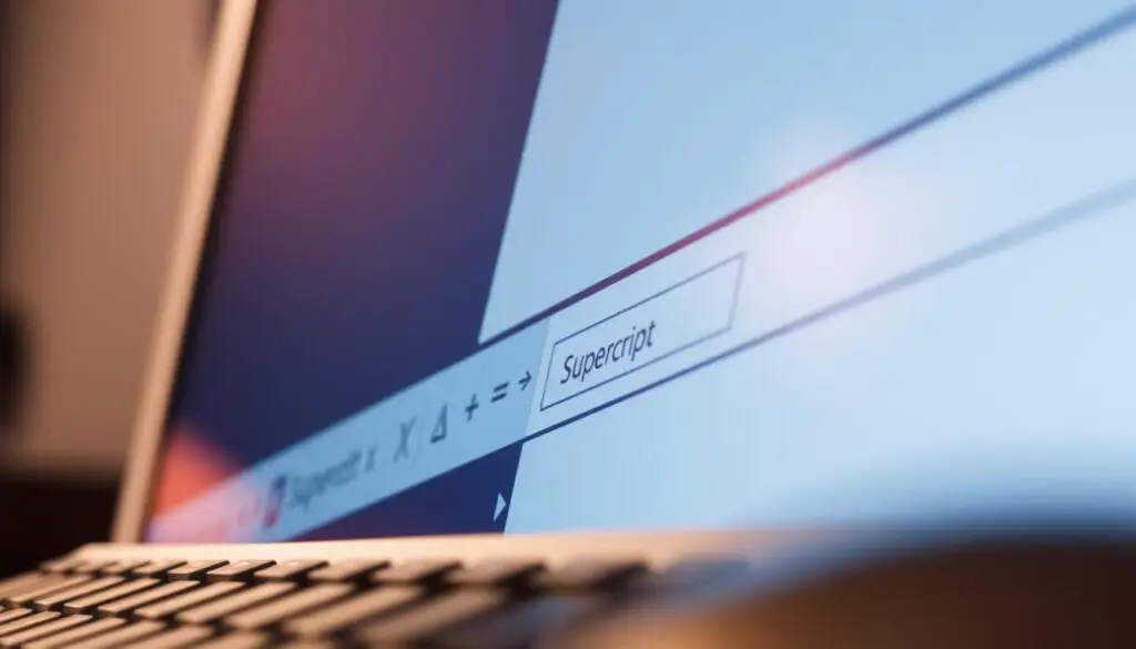 A well-lit, high-resolution close-up image of a computer screen displaying a Microsoft Word document, with the cursor positioned over the "Superscript" formatting button. The document should contain a sample equation or mathematical expression, such as "x^2" or "2^3", to clearly illustrate the process of creating a superscript or exponent in Word. The screen should be captured at a slight angle, with the keyboard and mouse visible in the foreground, conveying a sense of a user actively working on the document. The overall mood should be one of focus and clarity, highlighting the simplicity and effectiveness of the superscript feature in Word.