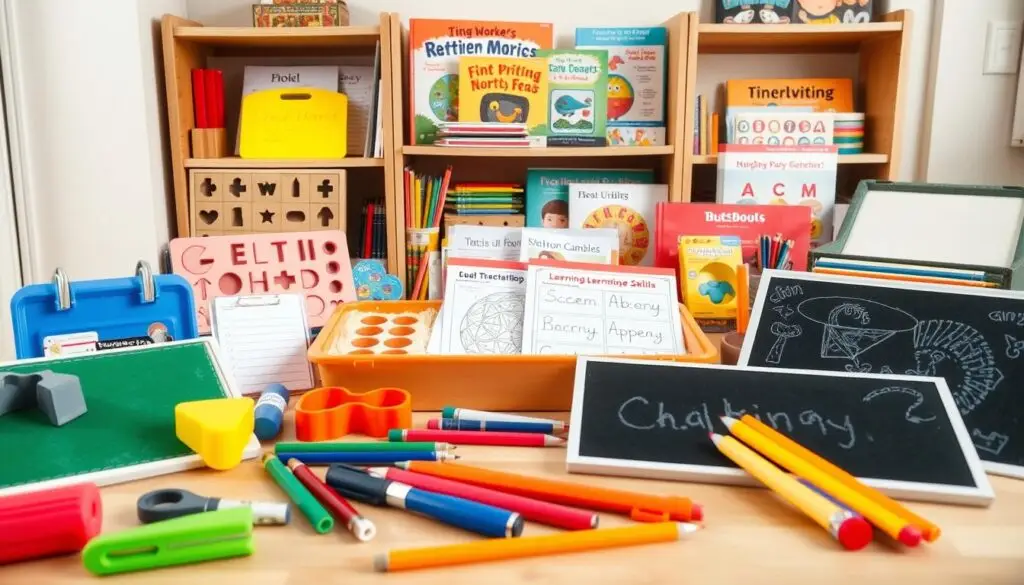 A well-lit, high-resolution studio photograph of an assortment of educational tools and materials for children with dysgraphia. In the foreground, a variety of writing aids such as pencil grips, specialized pens, and chalkboards. In the middle ground, tactile and kinesthetic learning aids like sand trays and letter-forming templates. In the background, a bookshelf with books and workbooks targeting fine motor skills and handwriting development. The scene conveys a sense of organization, functionality, and a focus on providing tailored support for children's unique needs.