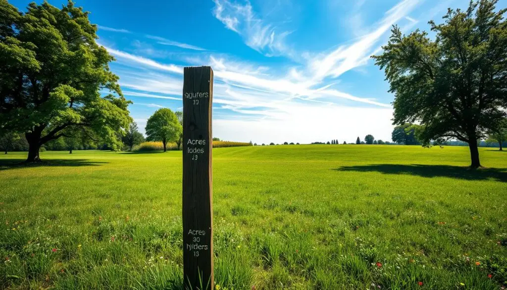 A wide, lush green meadow stretches out, dotted with vibrant wildflowers and scattered trees casting dappled shadows. In the foreground, a wooden sign post stands, its weathered surface etched with measurements of various land units - square meters, acres, and hectares. The sky overhead is a serene blue, with wispy clouds drifting lazily. A sense of tranquility and harmony pervades the scene, inviting the viewer to contemplate the significance of these deceptively simple land measurements and their practical implications when purchasing a plot of land. The overall composition is clean, well-balanced, and optimized for a clear, detailed illustration.