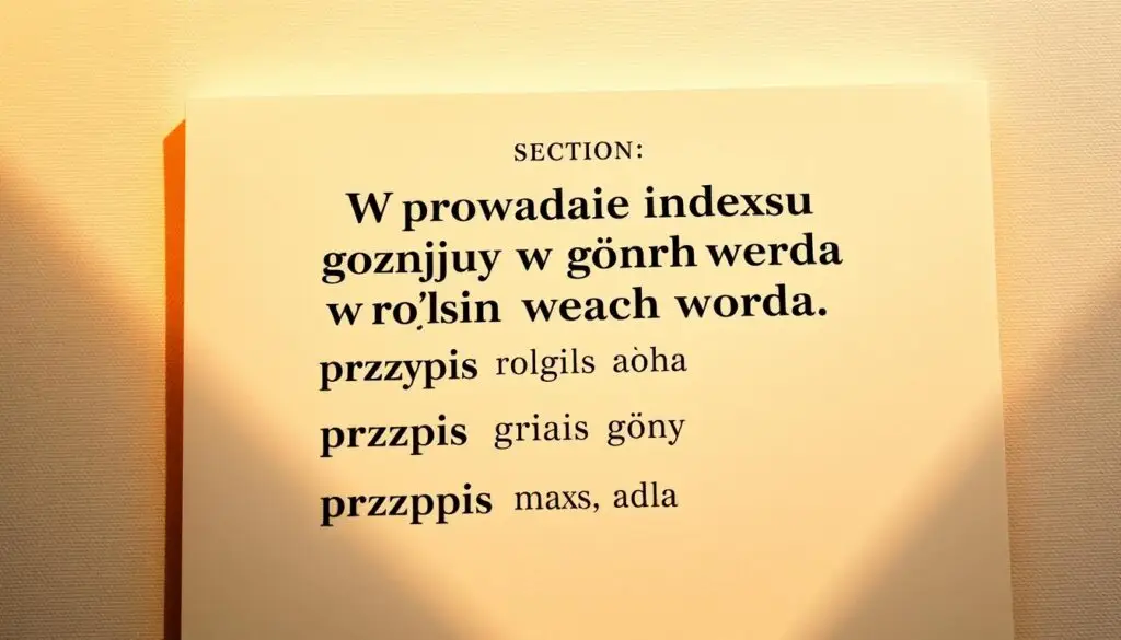 An elegant and precisely formatted document cover page displaying the section title "Wprowadzanie indeksu górnego w różnych wersjach Worda" in a prominent position. The page is illuminated by warm, directional lighting, casting soft shadows and highlights that accentuate the various versions of the "przypis górny" or superscript text. The background features a subtle texture or pattern that complements the professional, academic tone. The composition is balanced and visually striking, drawing the viewer's eye to the central focus of the different superscript styles. Overall, the image conveys a sense of scholarly refinement and attention to typographic detail.