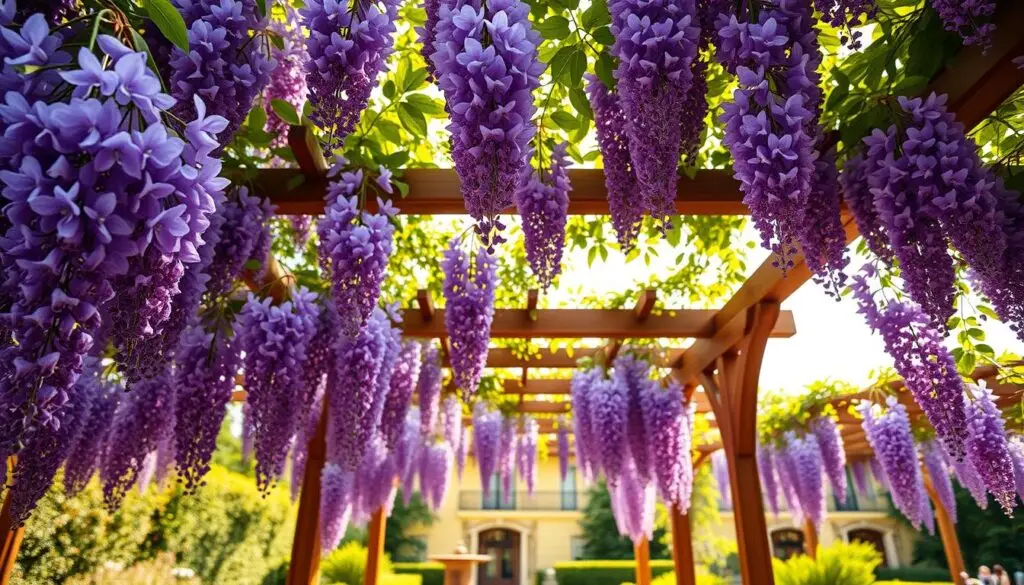 An idyllic pergola adorned with cascading wisteria blossoms, capturing the essence of "historia glicynii". In the foreground, lush purple clusters hang delicately, their fragrance filling the air. The middle ground reveals a sturdy wooden trellis supporting the twisting vines, their leaves casting dappled shadows. The background showcases a tranquil garden scene, with vibrant greenery and a serene sky above. Soft, warm lighting bathes the entire composition, creating a sense of timeless beauty and natural harmony. Captured with a wide-angle lens to showcase the full scale of the wisteria's impressive display, this image embodies the graceful charm of this iconic flowering vine.