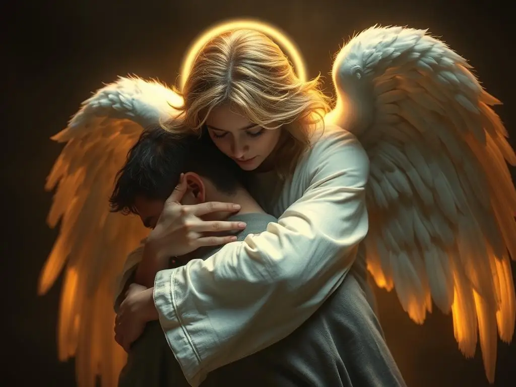 Anioł Yeliel otaczający opieką osobę w kryzysie - anioł od spraw beznadziejnych