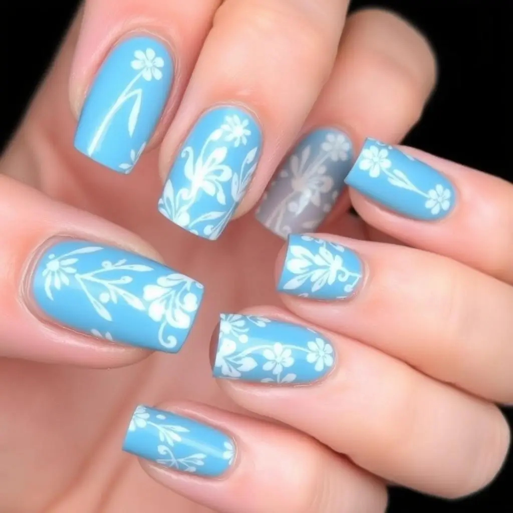 Błękitne paznokcie z białymi wzorami