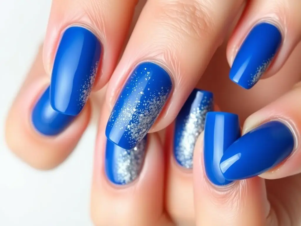 Błękitne paznokcie z brokatowymi akcentami