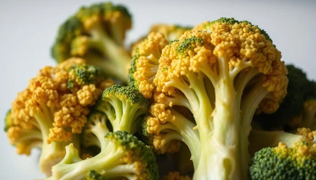 Detailed close-up of spoiled broccoli florets, showcasing the discoloration, texture changes, and unpleasant aroma. The broccoli heads are wilted, soft, and slightly slimy, with a yellowish-brown hue instead of the usual vibrant green. Lighting is soft and indirect, creating shadows that emphasize the irregularities and deterioration. The composition places the broccoli in the foreground, with a clean, blurred background to draw the viewer's full attention to the unappetizing yet informative subject matter. The overall mood is one of subtle decay, highlighting the visual cues that indicate the broccoli has gone bad and should not be consumed.