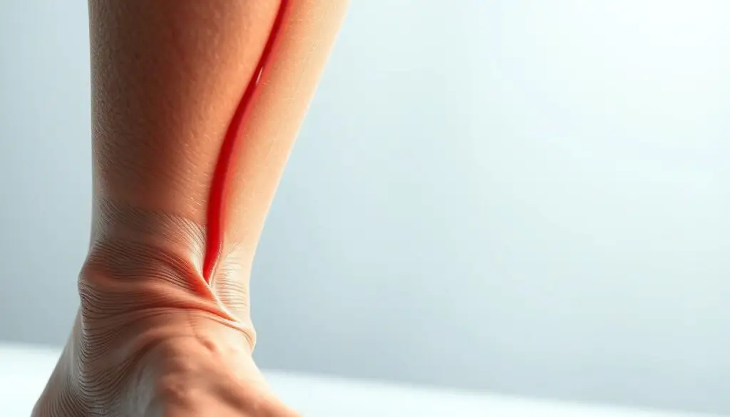 Detailed rendering of chronic venous insufficiency in the legs. The scene depicts a close-up view of a person's legs, with one leg visibly swollen and discolored, showcasing the effects of poor circulation. The veins are prominently visible, appearing distended and twisted. Lighting is soft and diffuse, creating a sense of medical examination. The background is clean and sterile, with a slight blur to draw focus to the legs. Textures are realistic, capturing the skin's texture and the veins' prominence. The overall mood is clinical and informative, highlighting the physiological changes associated with this condition.