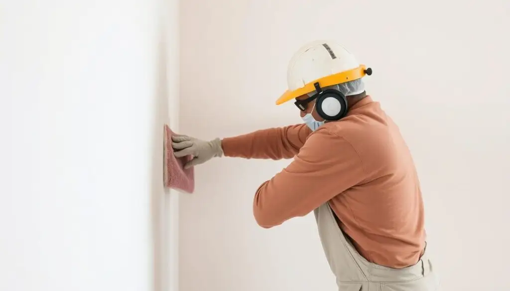 Detailed step-by-step process of preparing a smooth, even surface for applying gypsum plaster. A worker wearing protective gear is carefully sanding a wall, removing any imperfections or unevenness. The room is well-lit, showcasing the clean, pristine surface ready for the next stage of the plastering process. Soft, neutral tones create a serene, professional atmosphere, emphasizing the importance of proper surface preparation for a high-quality gypsum finish.