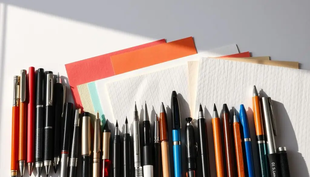Detailed still life composition showcasing a variety of pen types and paper samples. Warm, natural lighting illuminates the scene from the left, casting soft shadows. The pens are arranged in the foreground, displayed in a variety of colors, shapes, and materials such as metal, plastic, and wood. In the middle ground, different paper textures and colors are shown, ranging from smooth, glossy printer paper to rough, textured drawing sheets. The background is clean and minimalist, allowing the focus to remain on the writing instruments and paper. The overall mood is professional, informative, and visually appealing, suitable for illustrating a tutorial on removing pen marks from paper. Detailed still life composition showcasing a variety of pen types and paper samples. Warm, natural lighting illuminates the scene from the left, casting soft shadows. The pens are arranged in the foreground, displayed in a variety of colors, shapes, and materials such as metal, plastic, and wood. In the middle ground, different paper textures and colors are shown, ranging from smooth, glossy printer paper to rough, textured drawing sheets. The background is clean and minimalist, allowing the focus to remain on the writing instruments and paper. The overall mood is professional, informative, and visually appealing, suitable for illustrating a tutorial on removing pen marks from paper.