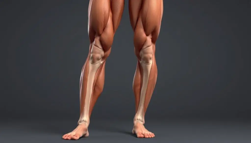 Highly detailed, anatomically accurate illustration of asymmetric muscle development in human legs. Show the front view, with clear focus on the muscular asymmetry between the left and right thigh and calf regions. Render the skin, muscle groups, and underlying bone structure with meticulous photorealistic detail. Utilize neutral, muted lighting to create depth and volume, with a subtle warm color tone. Compose the image from a slightly elevated perspective to provide an unobstructed view of the subject. Avoid any distracting background elements, maintaining a clean, clinical appearance suited for medical/educational purposes.