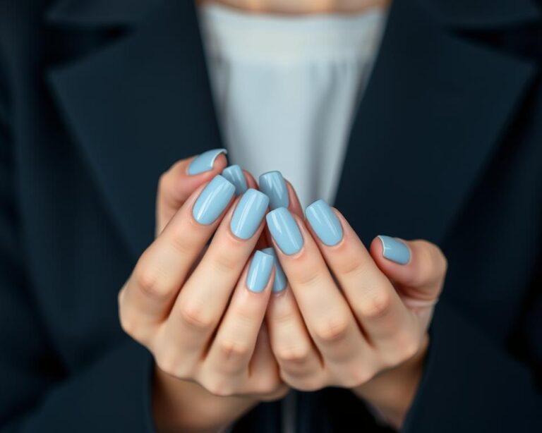 Kobieta z błękitnymi paznokciami w codziennej stylizacji
