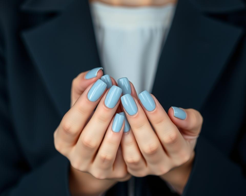 Kobieta z błękitnymi paznokciami w codziennej stylizacji