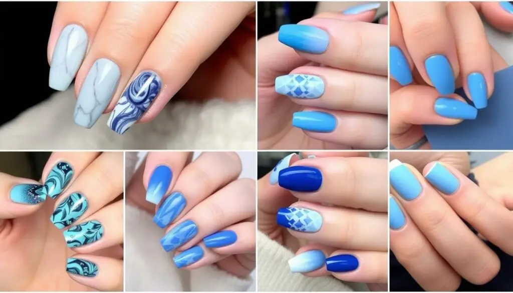 Kolaż najmodniejszych niebieskich stylizacji paznokci