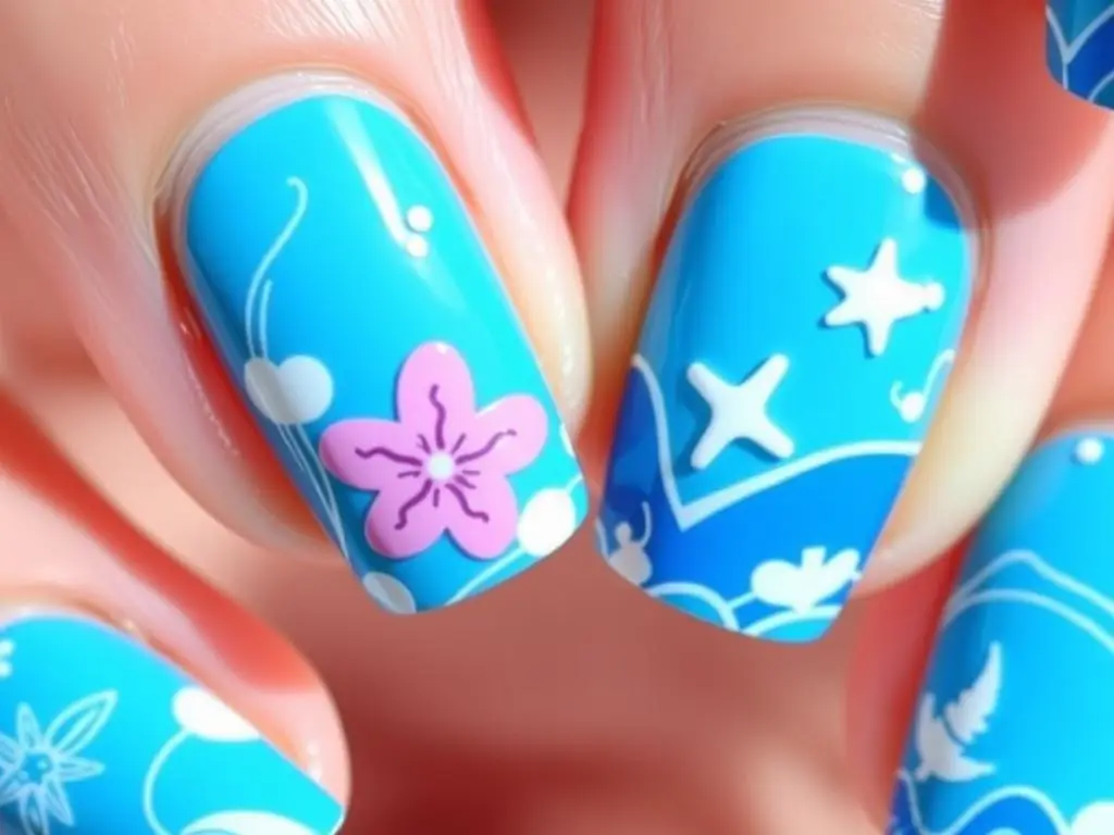 Letnie niebieskie paznokcie z morskimi motywami