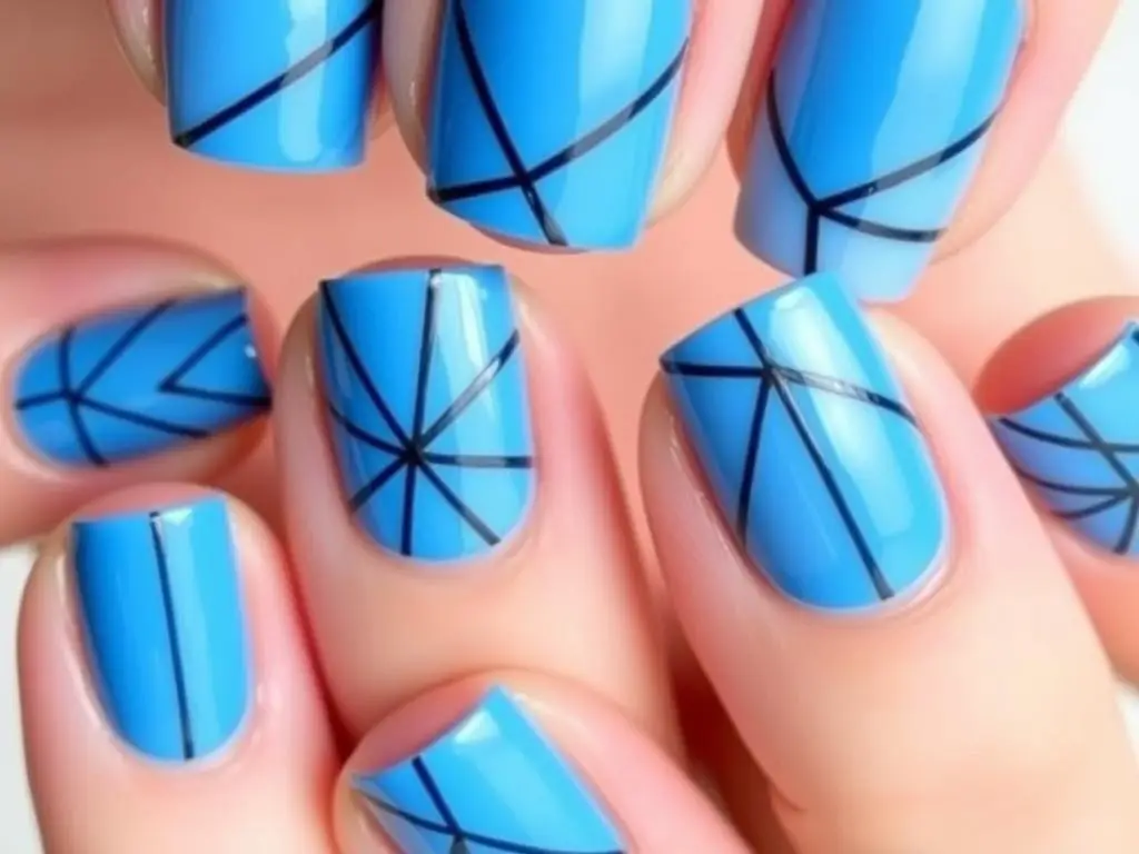 Niebieskie paznokcie z geometrycznymi wzorami