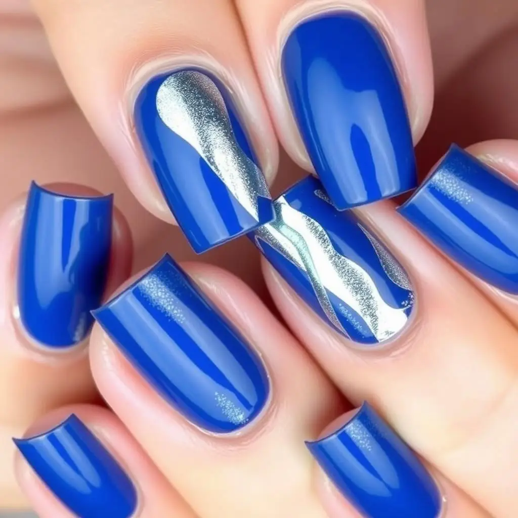 Niebieskie paznokcie z metaliczną folią transferową