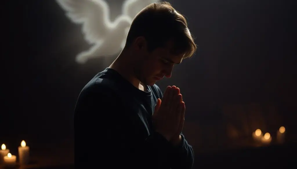 Osoba modląca się do anioła od spraw beznadziejnych w spokojnym otoczeniu