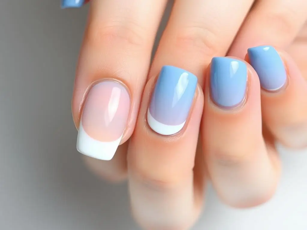 Paznokcie z niebieskim frenchem na naturalnej bazie
