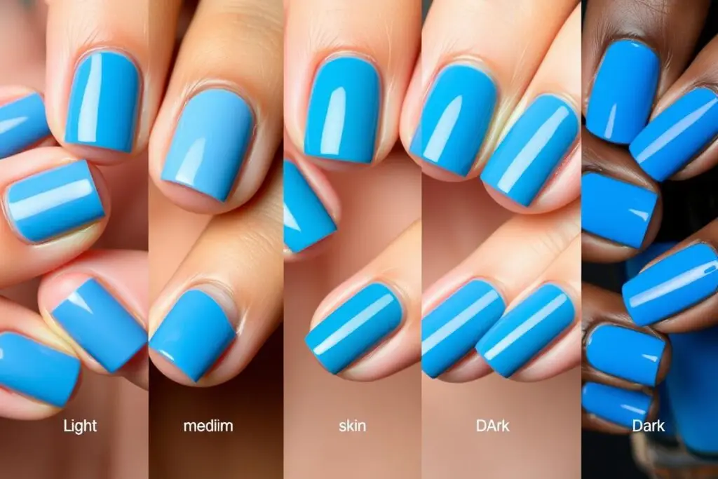 Różne odcienie niebieskiego na dłoniach o różnej karnacji