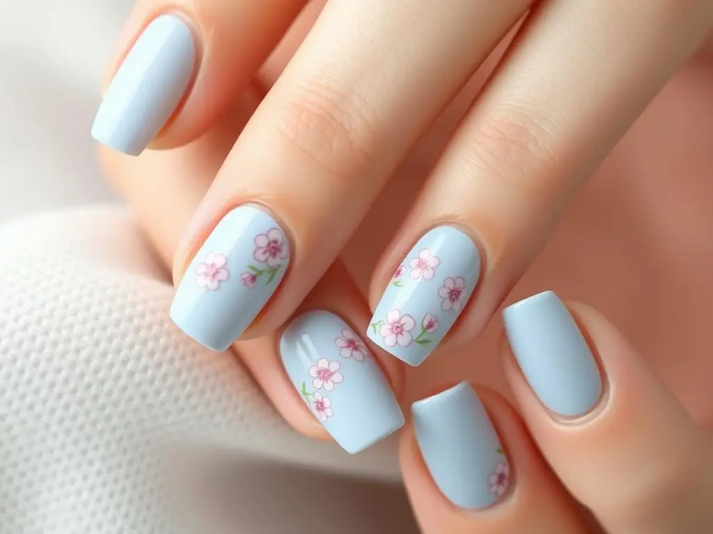 Wiosenne błękitne paznokcie z kwiatowymi wzorami