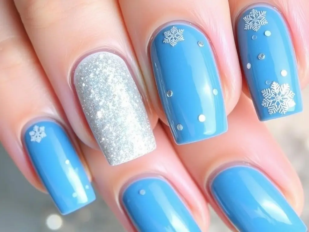 Zimowe niebieskie paznokcie ze srebrnymi zdobieniami