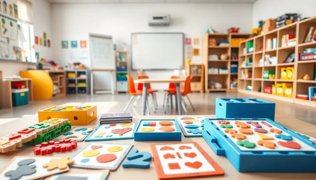 A brightly lit classroom setting, filled with a variety of educational aids designed for children with aphasia. In the foreground, a collection of tactile, interactive learning tools - including puzzles, flash cards, and communication boards with vibrant colors and simple shapes. In the middle ground, a small table surrounded by comfortable chairs, creating an inviting space for one-on-one instruction. The background showcases a whiteboard or chalkboard, along with shelves stocked with books, games, and other specialized resources. The overall atmosphere is warm, welcoming, and focused on providing a nurturing, supportive environment for the child's learning and development.