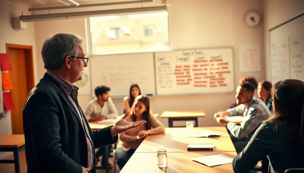 A brightly lit classroom setting with students engaged in an English language tutorial. In the foreground, a professor stands at the front, gesturing animatedly as they lead a discussion. Colorful whiteboards or chalkboards line the walls, filled with language exercises and vocabulary. The students, seated at desks, are focused and taking notes, reflecting the serious yet productive atmosphere of the language learning session. Warm, natural lighting floods the space, adding a sense of energy and productivity. The composition captures the collaborative nature of the language tutorial, emphasizing the educational goals and the shared experience of improving English proficiency.