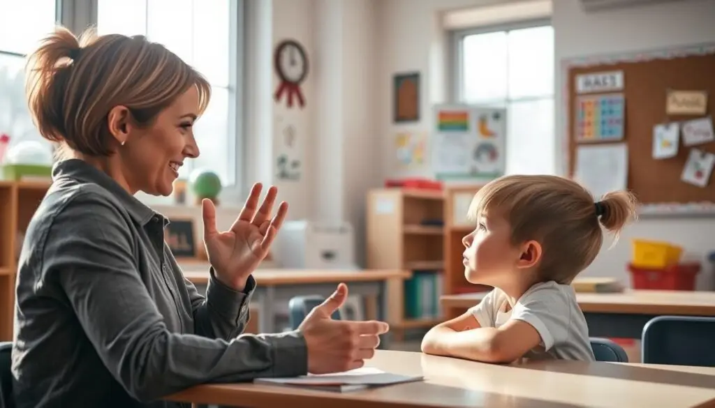 A classroom setting with a teacher guiding a young student with autism. The teacher is seated at a desk, leaning in and making eye contact, using gentle hand gestures to facilitate communication. The student is facing the teacher, appearing engaged and receptive. Soft natural lighting filters through large windows, creating a warm, inviting atmosphere. The background features learning aids, educational posters, and a corkboard, suggesting a supportive, accommodating environment. The mood is one of patience, understanding, and a collaborative student-teacher dynamic.