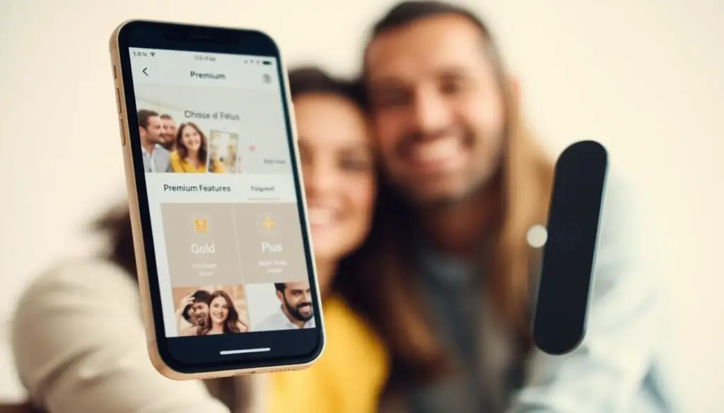 A clean, well-lit mobile app interface showcasing the premium features of a dating app. In the foreground, a sleek smartphone displays the app's main screen, highlighting the "Gold" and "Plus" subscription options with elegant icons and typography. The middle ground features a blurred, out-of-focus background of two smiling people, representing the enhanced matching and communication capabilities of the premium features. The overall composition has a modern, minimalist aesthetic with a warm, inviting color palette, conveying the idea of a premium, personalized dating experience.