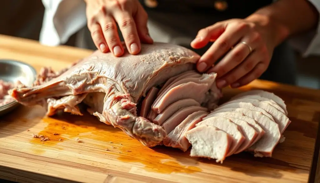 A close-up shot of a chef's hands carefully preparing a duck carcass on a wooden cutting board. The duck has been expertly deboned, and the meat is being carefully separated from the bones in thick, uniform slices. The lighting is warm and natural, casting a soft glow on the scene. The background is slightly blurred, emphasizing the focus on the delicate task at hand. The atmosphere is one of precision and attention to detail, as the chef meticulously prepares the meat for a rich, flavorful duck broth.