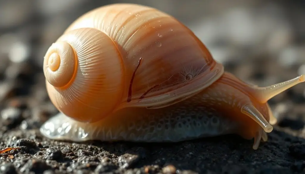 A close-up view of a naked snail's physiology, revealing its intricate adaptations for surviving harsh winter conditions. The translucent body glistens with moisture, showcasing its delicate mantle, foot, and tentacles. Subtle textures and patterns on the skin hint at the snail's ability to regulate temperature and moisture levels. The lighting is soft and natural, capturing the snail's vulnerable yet resilient state as it prepares to endure the challenges of the colder months. The background is blurred, allowing the viewer to focus entirely on the snail's remarkable physiological features.
