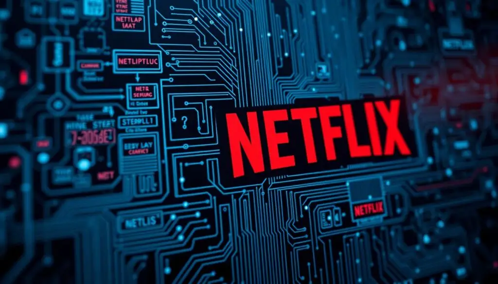 A close-up, well-lit view of a complex encryption system diagram, featuring intricate circuits, matrices, and digital elements. The overall layout suggests the structure of the Netflix streaming service's security protocols, with a sense of depth and technical sophistication. The scene is bathed in a cool, blue-tinted lighting, evoking a sense of digital security and confidentiality. The image should convey the notion that the inner workings of the Netflix encryption system are not directly accessible or visible to the average user, aligning with the section title "Dlaczego nie można bezpośrednio zobaczyć hasła do Netflixa".