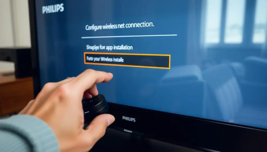 A closeup of a modern Philips TV screen, its display showing a simple setup menu for configuring wireless network connection. In the foreground, a person's hands are gently touching the TV's controls, carefully navigating the on-screen options. The lighting is soft and natural, conveying a sense of focused attention and thoughtful preparation. The background is slightly blurred, emphasizing the central action of getting the TV ready for app installation. The overall mood is one of anticipation and attention to detail, setting the stage for a smooth and successful smart TV setup process.