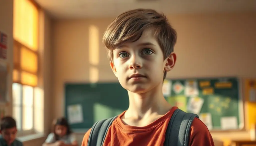 A concerned student standing up against a classroom backdrop, their expression conveying a mix of resolve and empathy. The scene is illuminated by warm, natural light filtering through the windows, casting a hopeful glow. The student's body language suggests a willingness to intervene and support their peers, while the classroom setting represents the environment where these difficult situations often arise. The atmosphere evokes a sense of community and the potential for positive change, hinting at the steps one can take to address and overcome the issue of bullying in an educational setting.