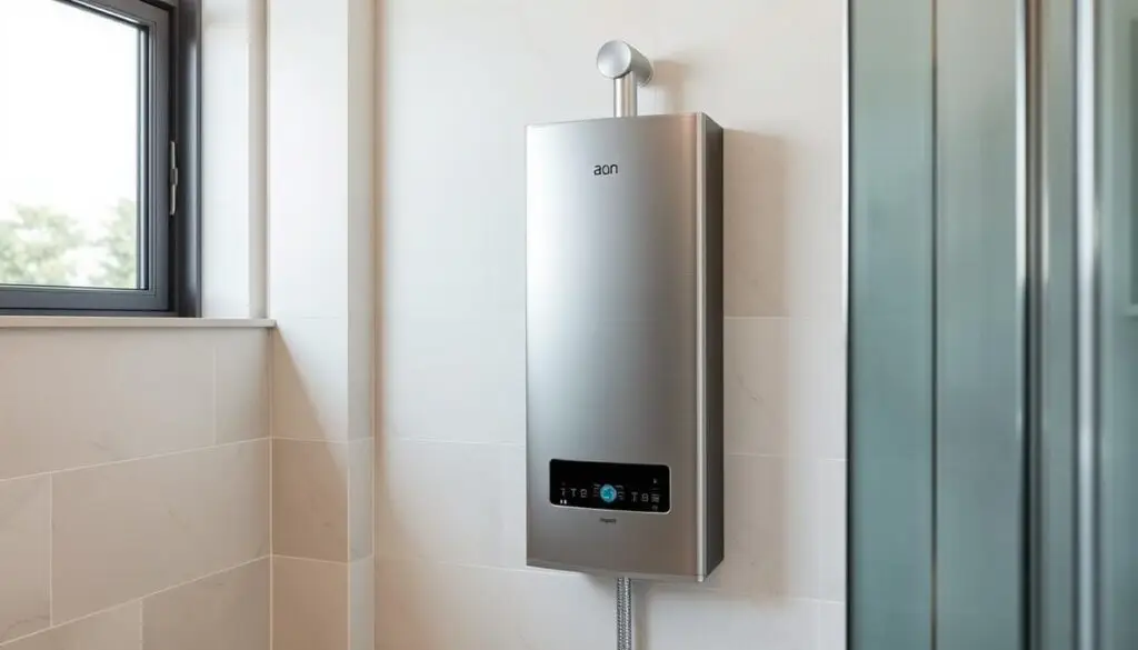 A cozy and well-lit bathroom interior showcasing the perfect placement of a horizontal water heater. The foreground features the sleek, modern appliance nestled seamlessly into a recessed alcove, its brushed steel finish gleaming under the soft, indirect lighting. The middle ground highlights the surrounding tiles, their neutral tones and clean lines complementing the heater's minimalist design. In the background, a large window allows natural daylight to filter in, creating a bright and airy atmosphere. The overall composition emphasizes the careful consideration of spatial planning and the integration of the water heater into the bathroom's harmonious aesthetic.